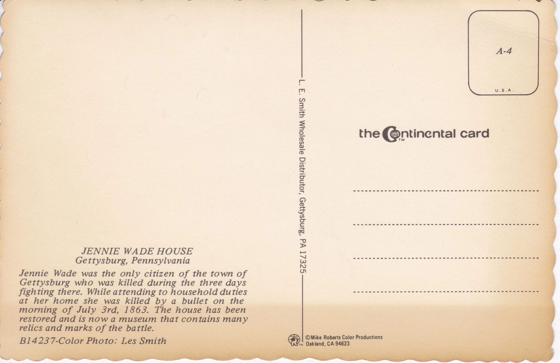 The back of the Gettysburg Postcard Jennie Wade House features a vintage description, with publication and distributor details along the left and bottom edges.