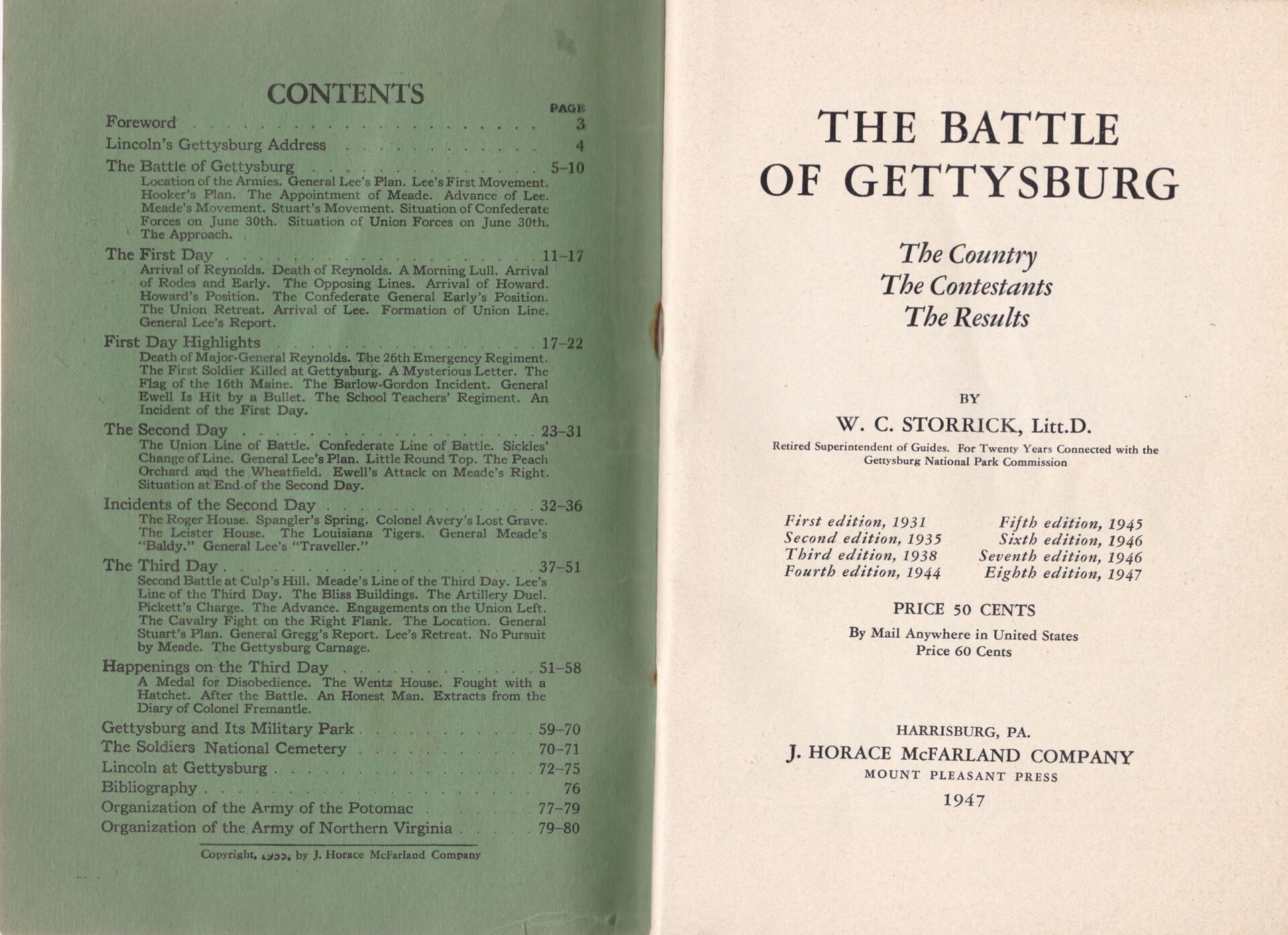 Open to the table of contents and title page, "Gettysburg Souvenir The Battle of Gettysburg By W.C. Storrick" (1947) details the battle's country, contestants, and results.