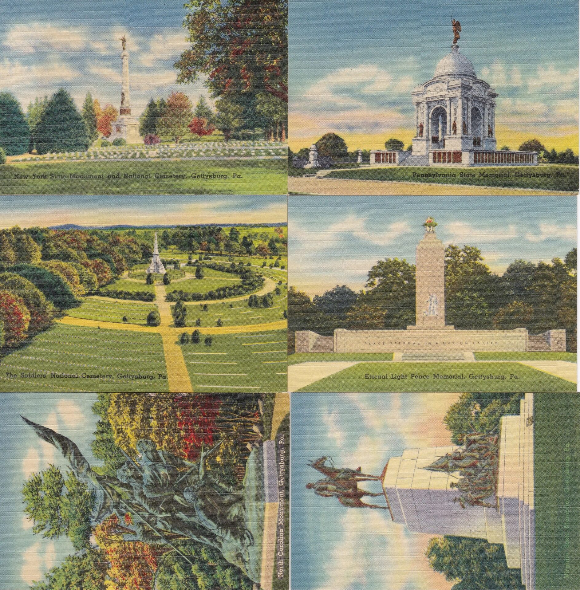 The Gettysburg Souvenir Gettysburg Postcards set features six illustrated postcards depicting monuments and memorials at Gettysburg National Cemetery in Pennsylvania amid scenic trees and landscaped lawns.