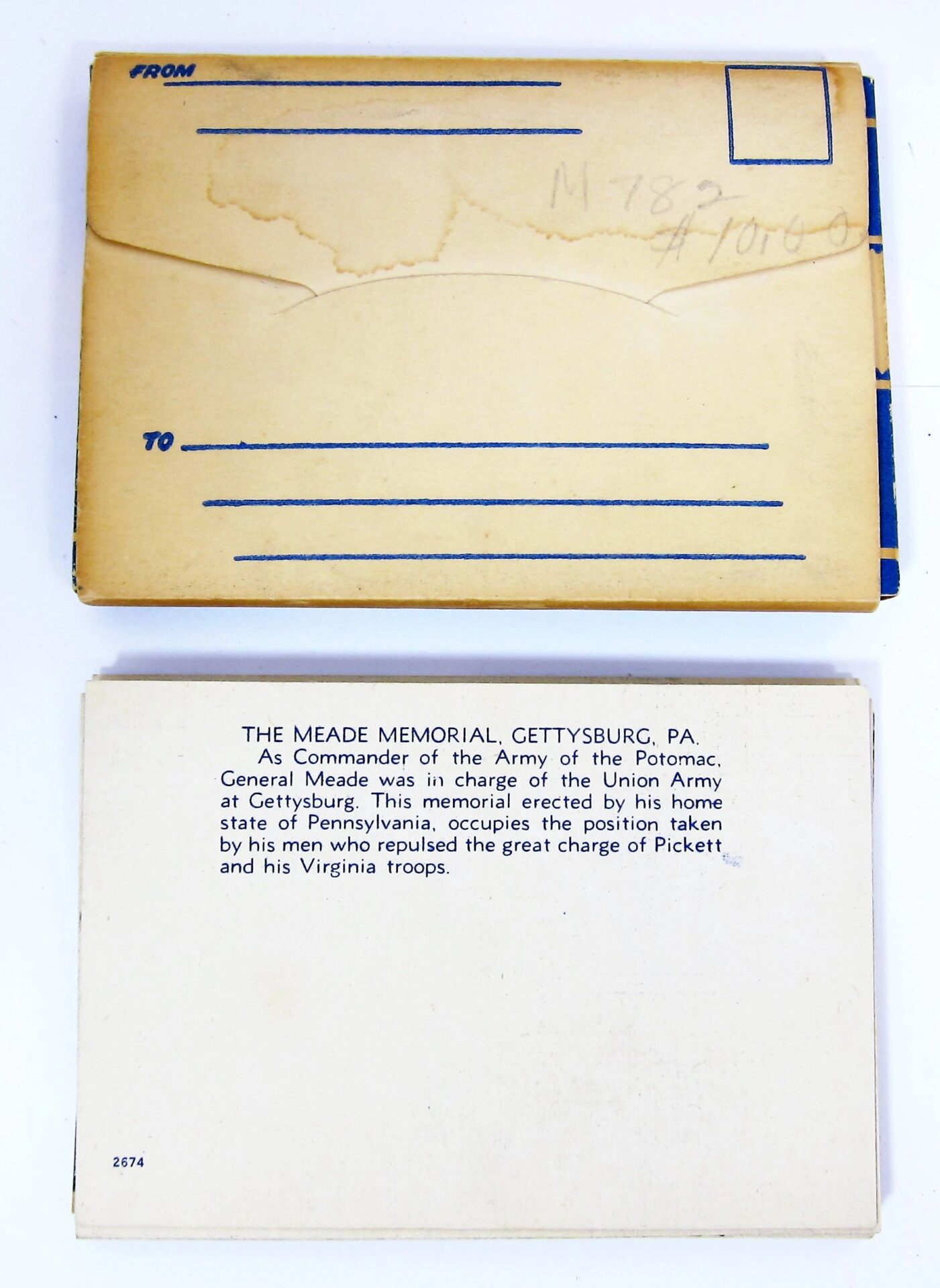 Both sides of Gettysburg Souvenir Gettysburg Postcards: one features blank address lines, the other details the Meade Memorial at Gettysburg and highlights General Meade’s Civil War contributions.