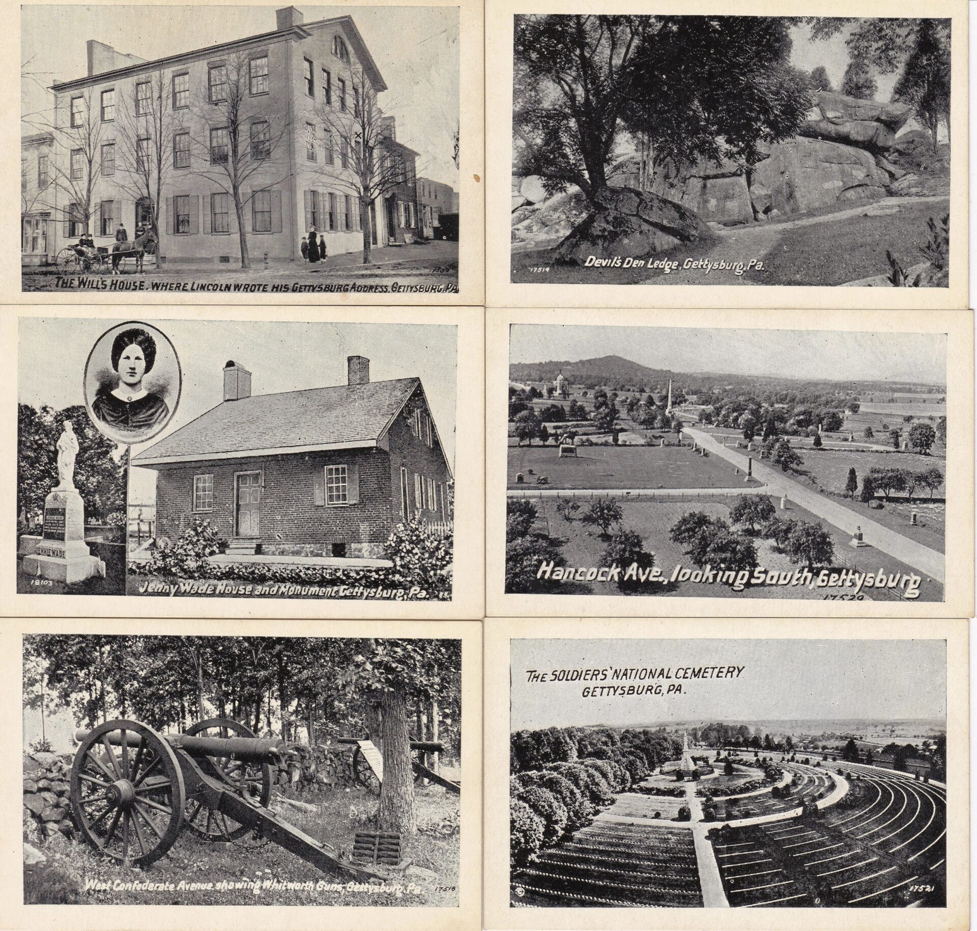 A set of six Gettysburg Souvenir Scenic Photo-Tone Miniatures, featuring vintage black-and-white postcards that showcase historic landmarks and sites in Gettysburg, Pennsylvania.