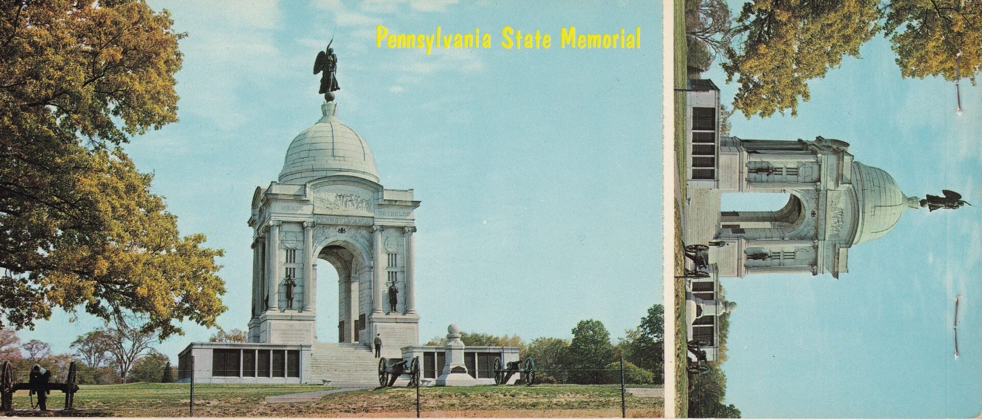 The image from the Gettysburg Souvenir Historic Postcards shows the Pennsylvania State Memorial, a large domed monument with statues, set amid grass and trees under a blue sky, with "Pennsylvania State Memorial" at the top.