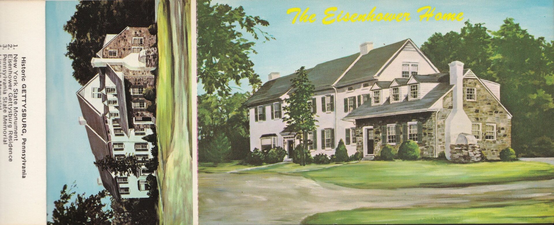Front view of the Eisenhower Home with driveway and trees, featuring large text and a smaller side image on the left from the Gettysburg Souvenir Historic Postcards collection.