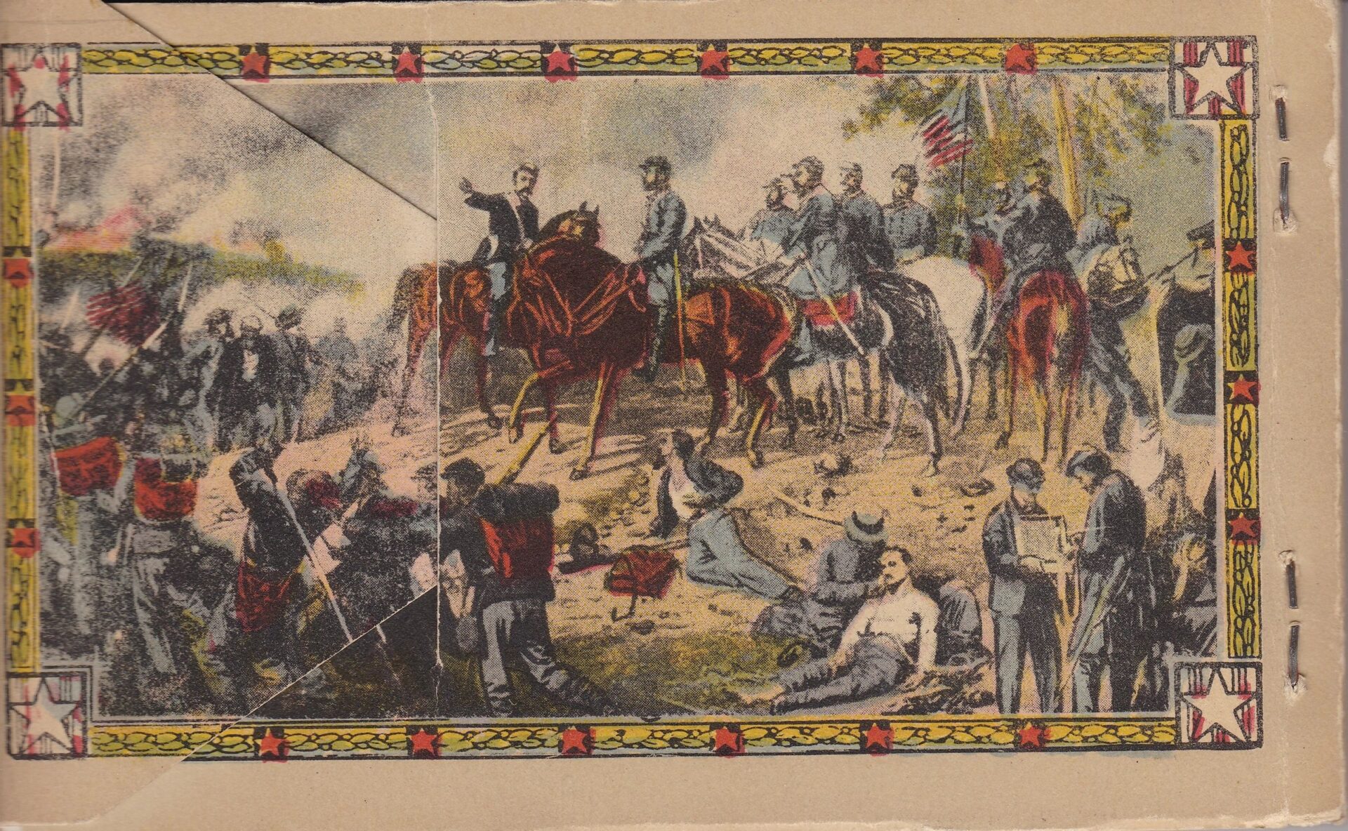 The Gettysburg Souvenir Postcards feature historical illustrations of soldiers and officers on horseback and on foot in battle, with smoke, American flags, and a decorative border framing the scene.