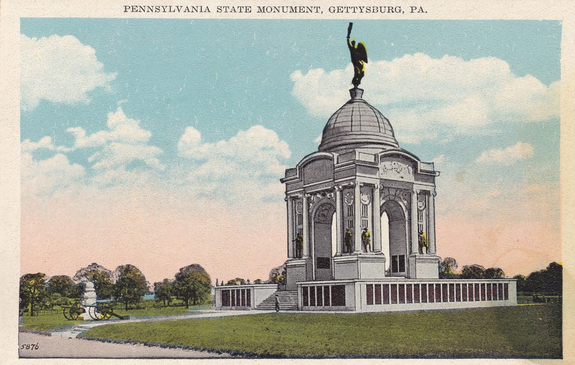 The Gettysburg Souvenir Postcards showcase the Pennsylvania State Monument, a domed landmark with columns, statues, and a crowning figure, set amid grassy grounds and historic cannons.