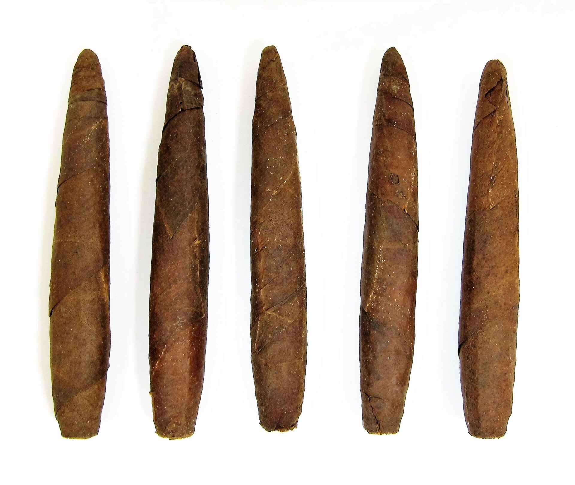 Five unlit Original Civil War Cuban Cigars - General Burnside, hand-rolled, are arranged vertically in a row on a white background.