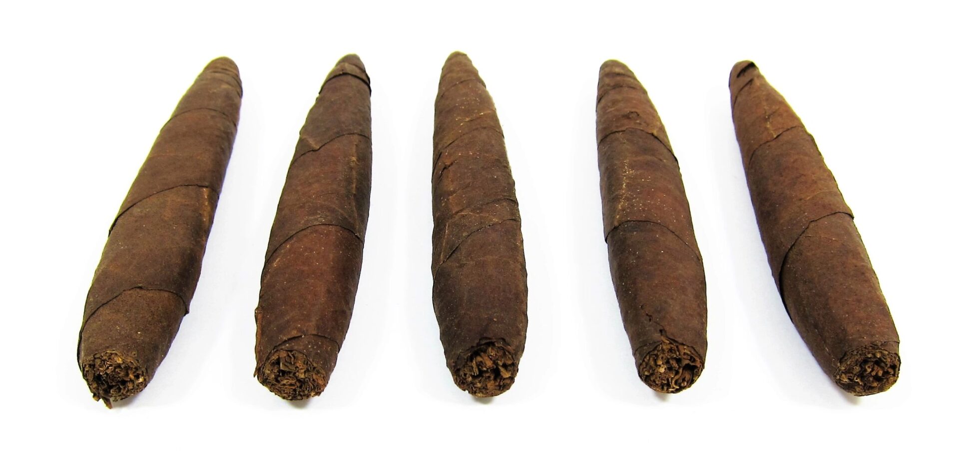 Five Original Civil War Cuban Cigars - General Burnside are hand-rolled and arranged in a row on a white background.