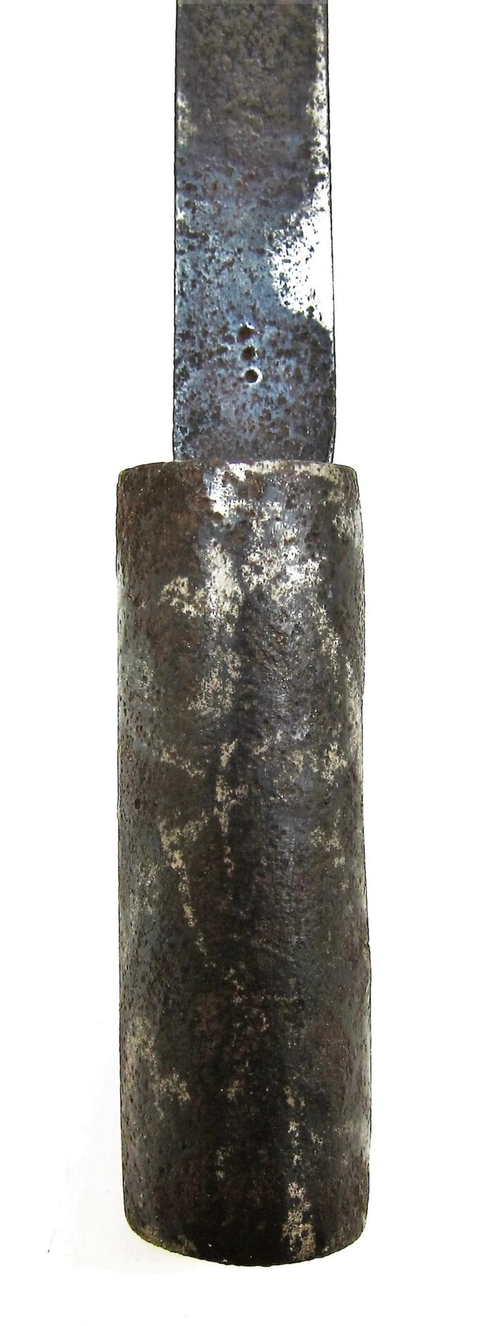 Close-up view of a U.S. Socket Bayonet with an old, rusted blade and a cylindrical, weathered metal handle against a white background.