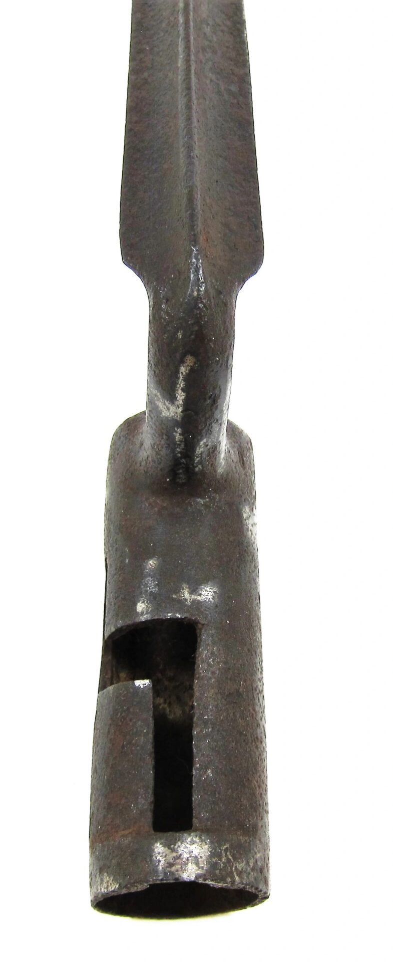 Close-up view of a U.S. Socket Bayonet with a rusty, old metal spearhead, socketed base, and visible slot opening, photographed against a white background.