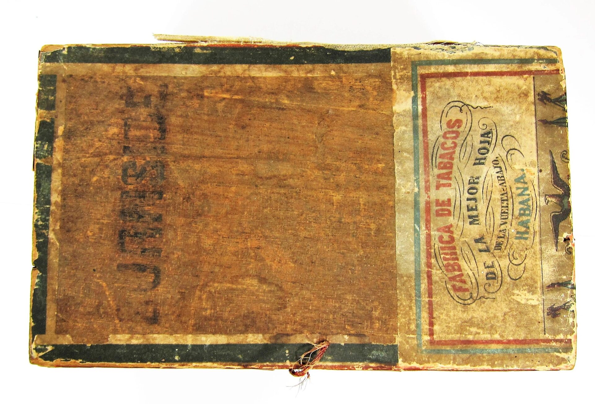 A worn, rectangular vintage cigar box labeled “Original Civil War Cuban Cigars - General Burnside / SOLD” shows faded text and visible scuffs on its surface.