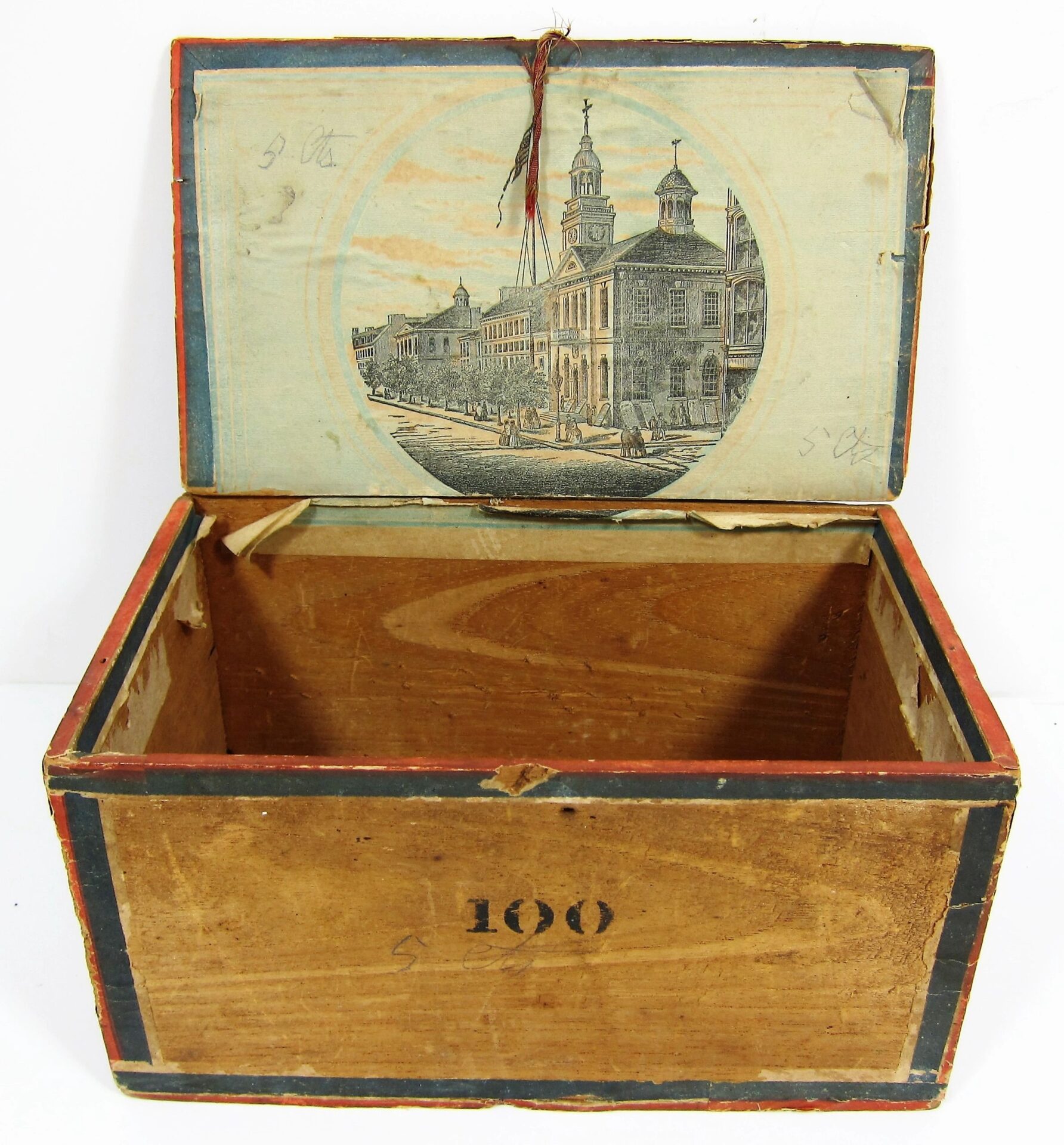An open wooden box labeled "100," containing Original Civil War Cuban Cigars - General Burnside, features an illustration of a historic building and street scene inside the lid.