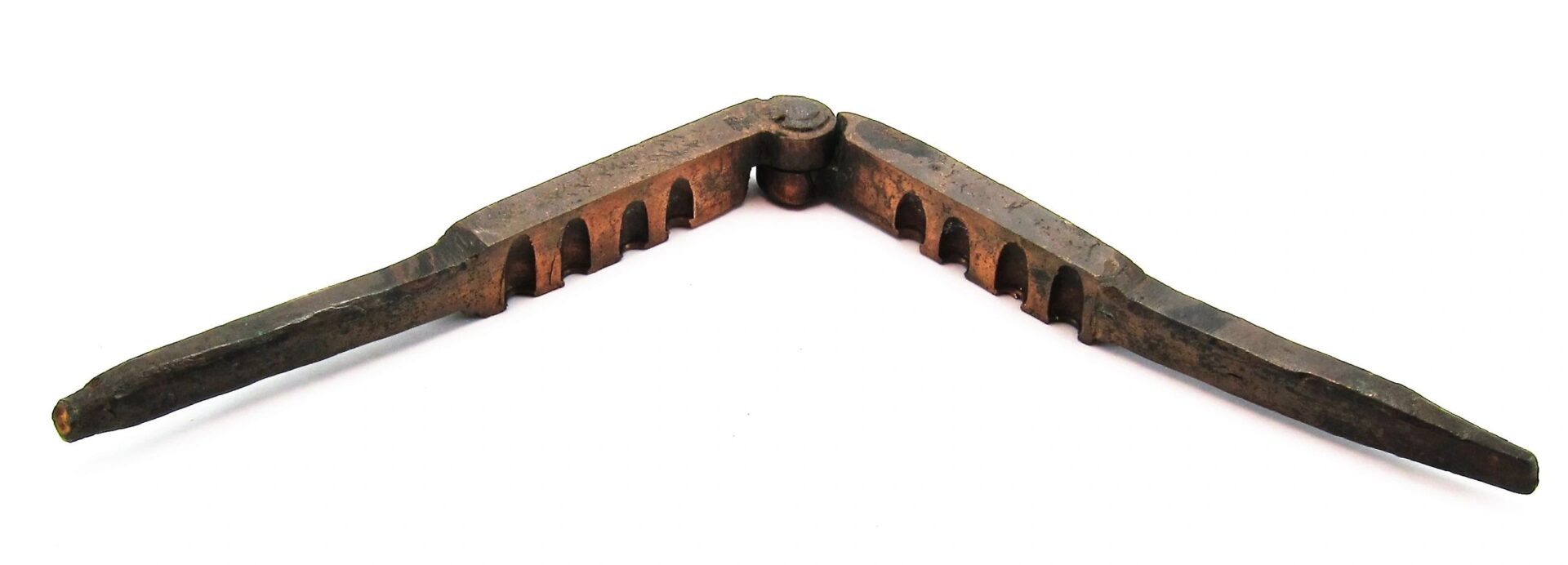 Civil War Era Bullet Gang Mold with central hinge and grooved arms, shown open on a white background.