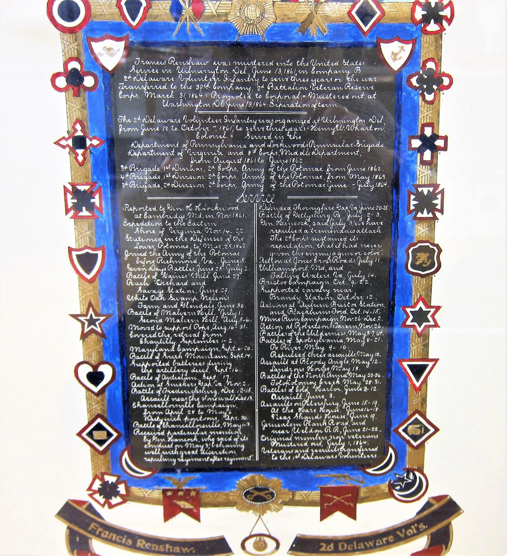 The Military Escutcheon of Francis Renshaw, 2nd Delaware Volunteer Infantry, is a handwritten historic document with military insignia and decorative borders, featuring his name at the bottom.
