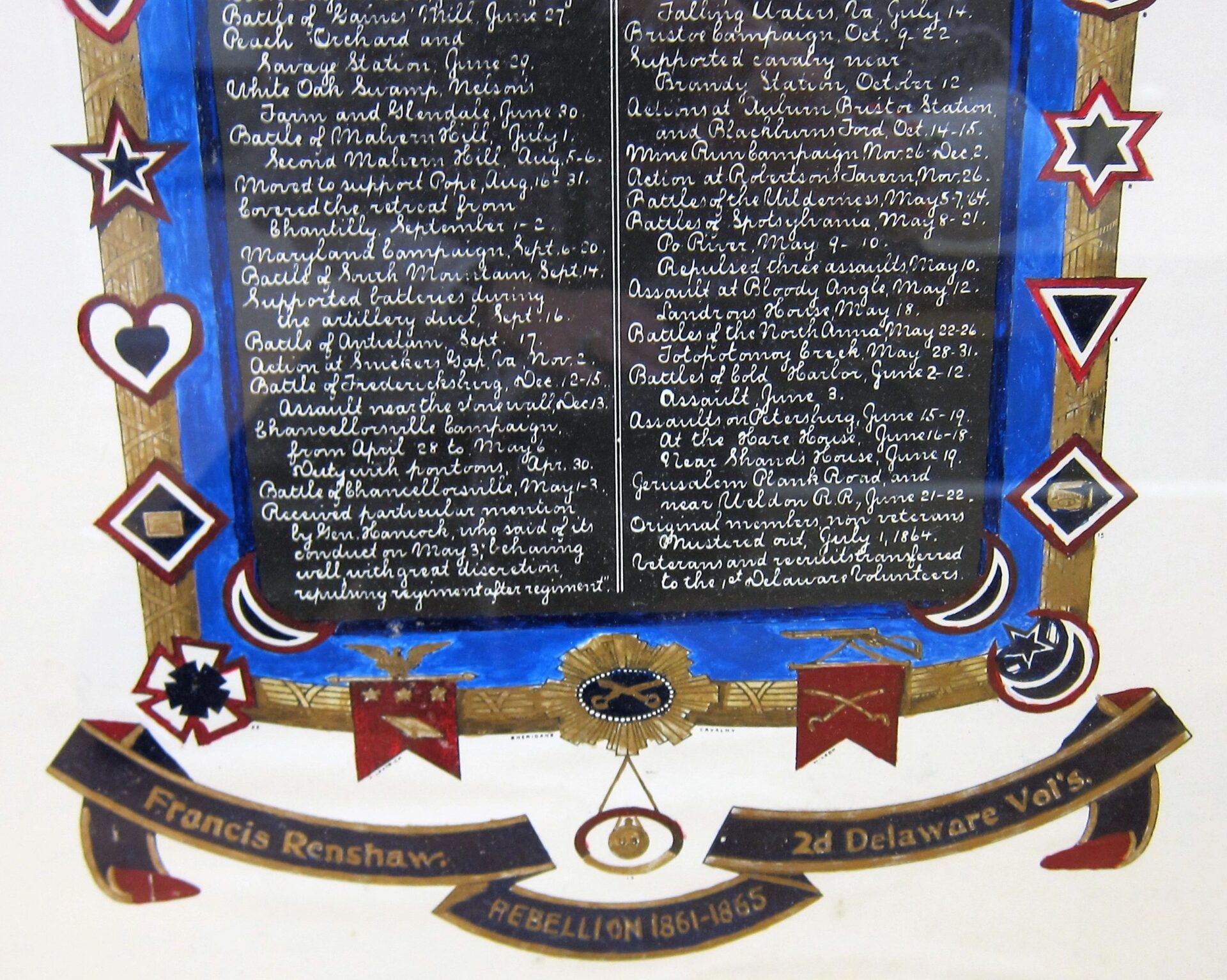A decorative Military Escutcheon lists names in white cursive on black, bordered by colorful stars and symbols, with a banner reading “Francis Renshaw, 2nd Delaware Volunteer Infantry / Sold.”.