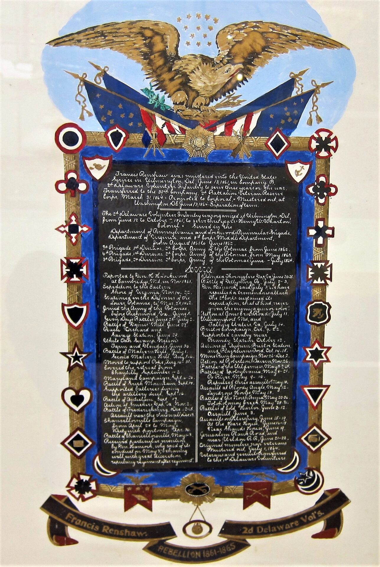 A decorative military escutcheon for Francis Renshaw, 2nd Delaware Volunteer Infantry, features an eagle, American flags, medals, and detailed handwritten text framed by symbols and banners.