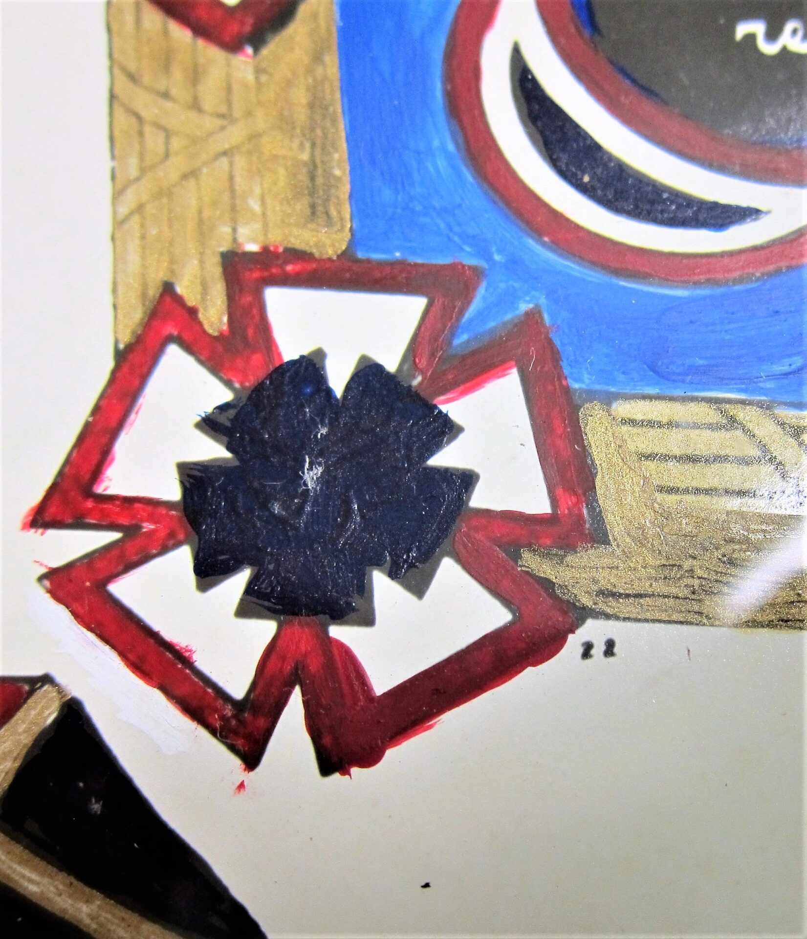 A close-up of the Military Escutcheon of Francis Renshaw, 2nd Delaware Volunteer Infantry shows a geometric floral motif in black, white, and red beside blue and gold details; the number "22" is also visible.
