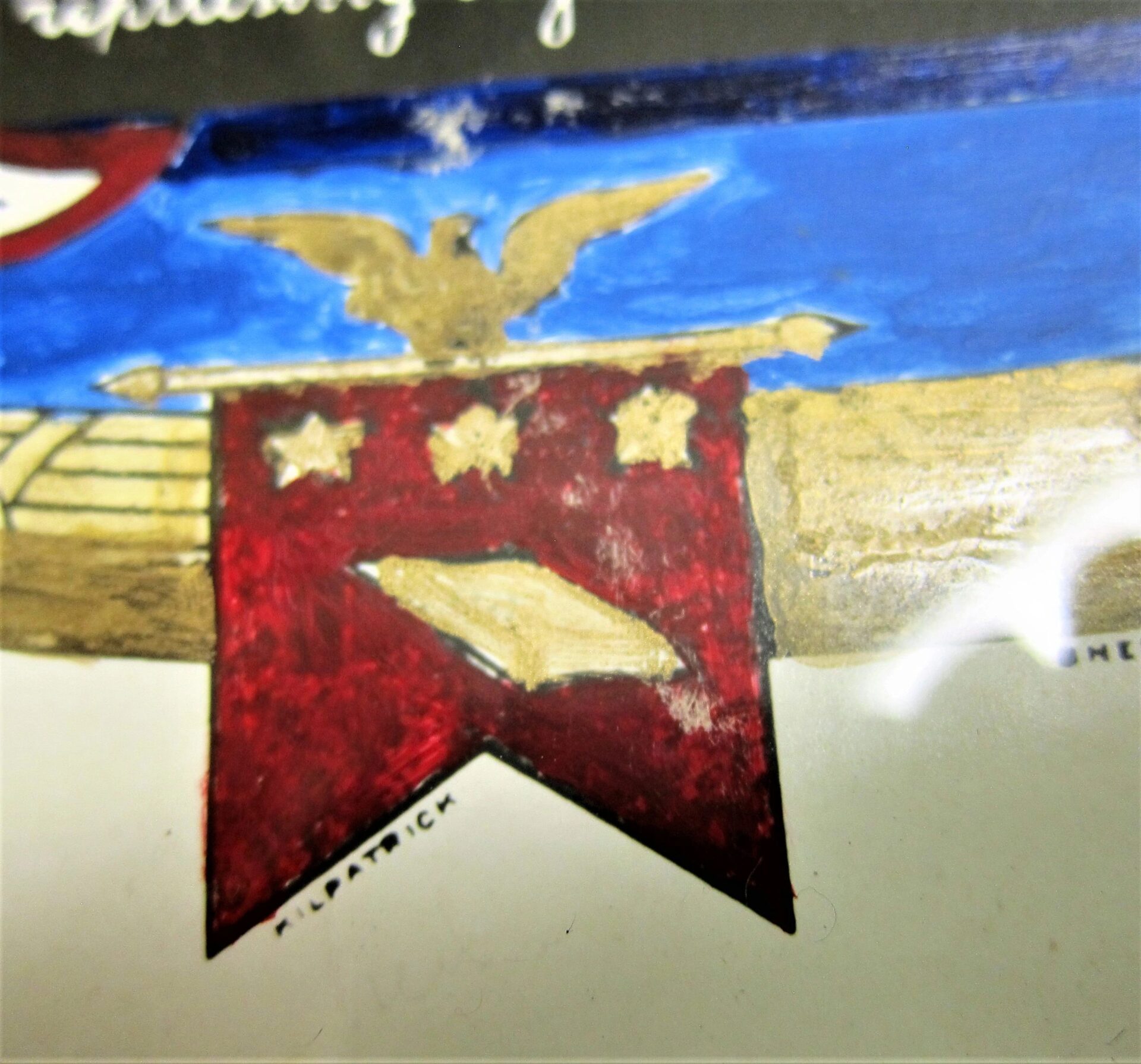 Close-up of the Military Escutcheon of Francis Renshaw, 2nd Delaware Volunteer Infantry, showing a gold eagle, three stars, and a chevron on a red and gold shield; "Sold" is noted at the bottom.