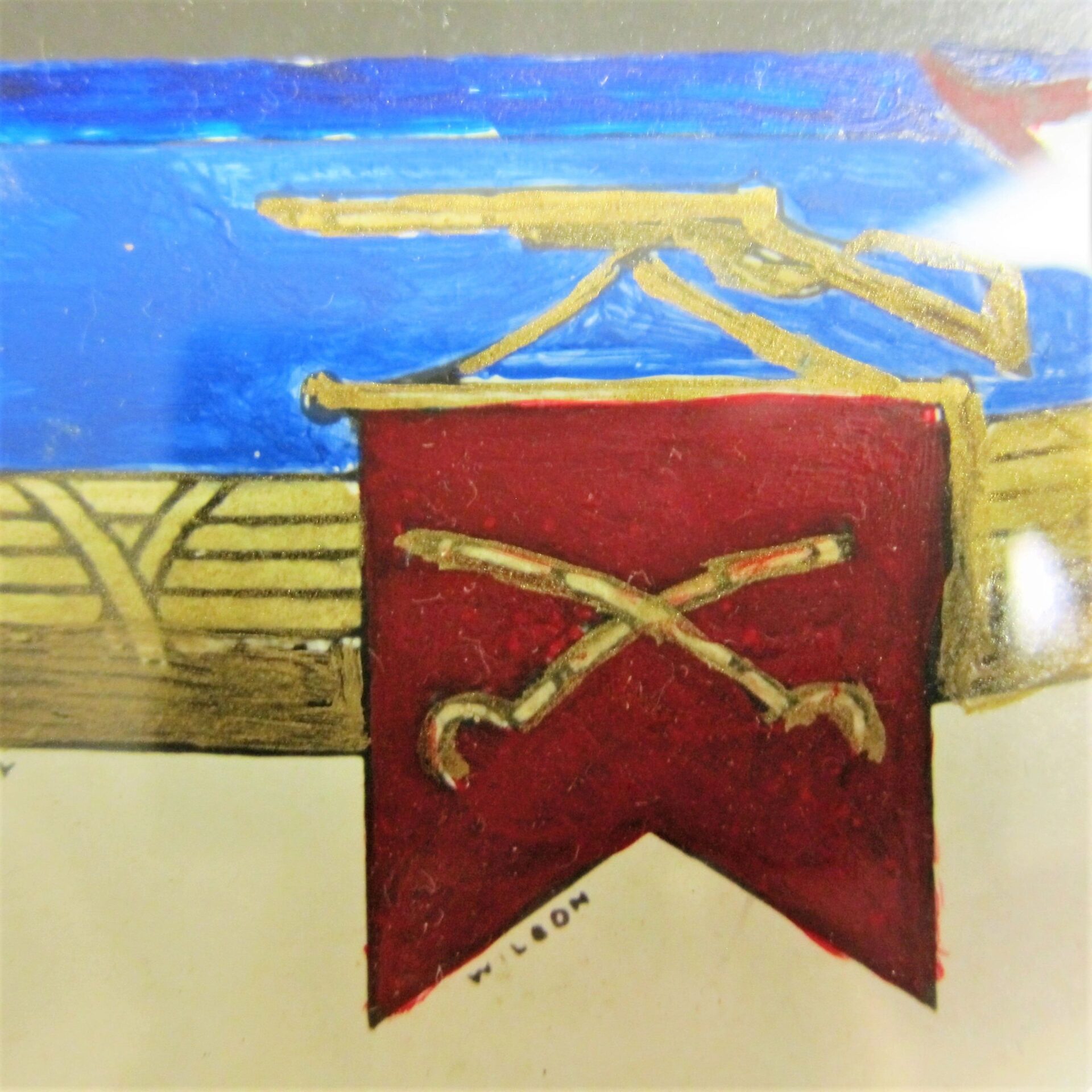 The Military Escutcheon of Francis Renshaw, 2nd Delaware Volunteer Infantry, features a red flag with two crossed gold sabers displayed on a wooden structure against a blue background.