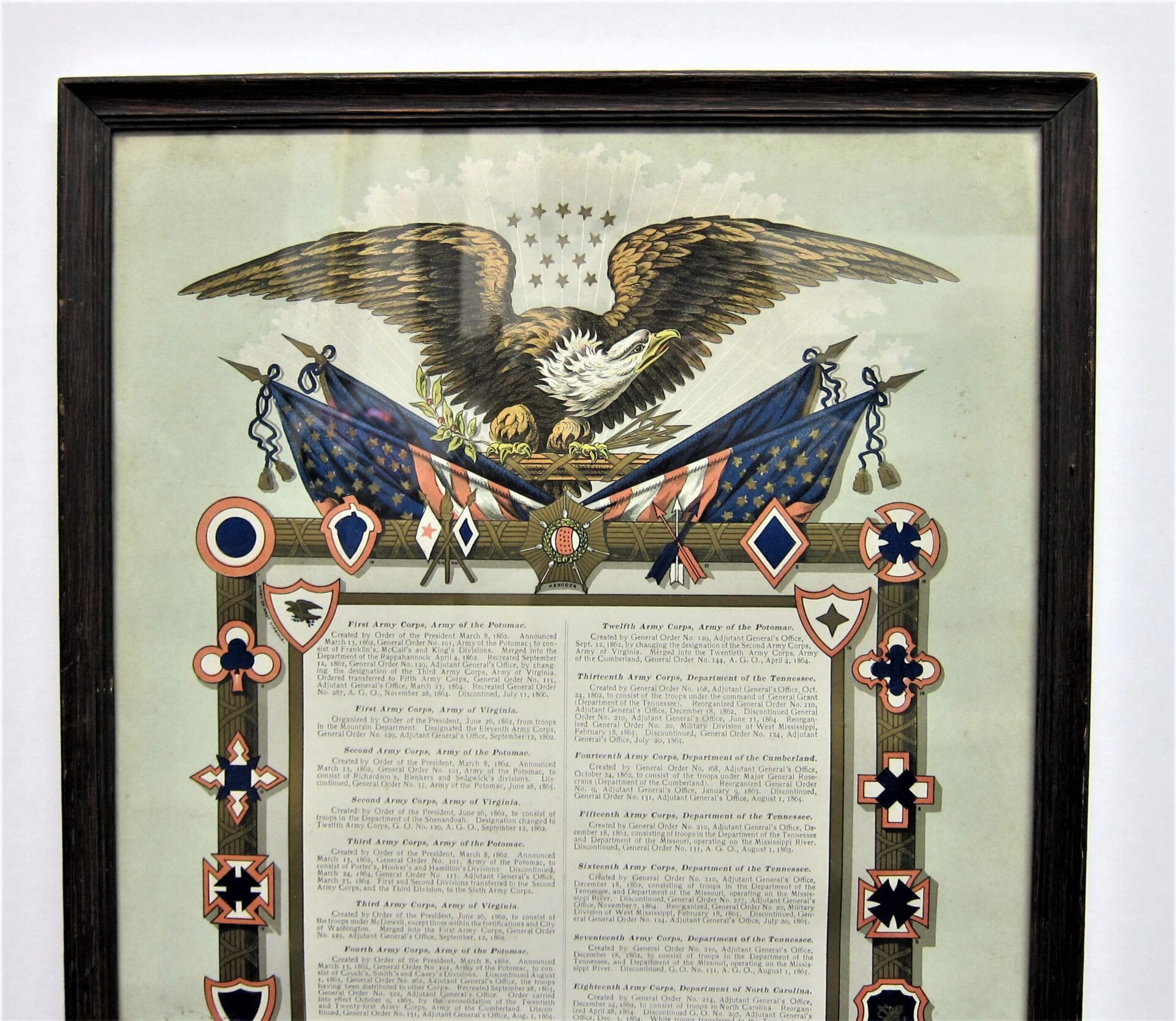 The US Army Corp Escutcheon is a framed illustration depicting an eagle with outstretched wings above crossed flags and military medals, flanked by text columns and insignias on each side.