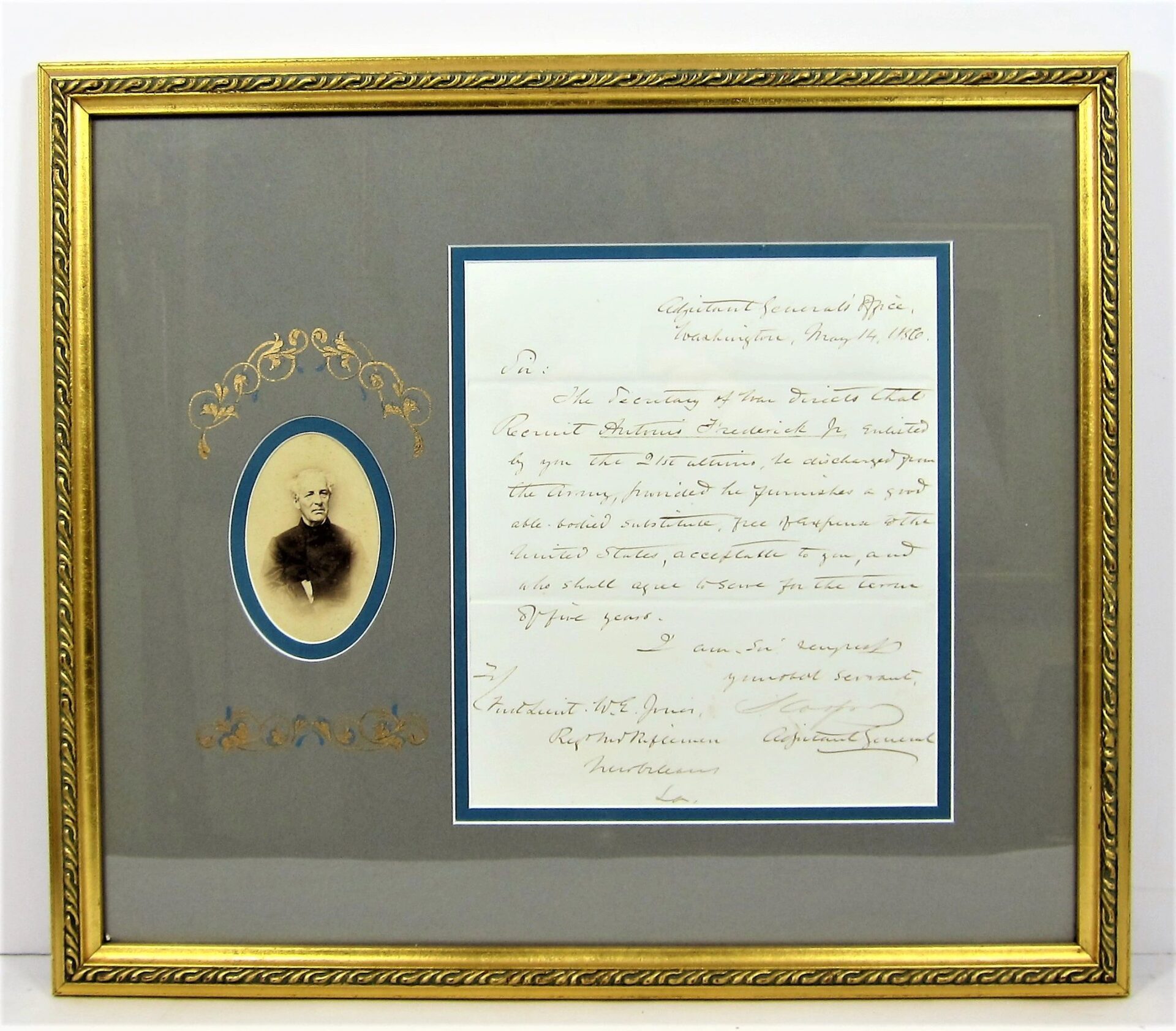 Framed display featuring a CDV portrait and hand-written letter (dated May 10, 1867), both signed by General Samuel Cooper, Adjutant and Inspector General of the Confederate Army / SOLD. Set on a gray background.