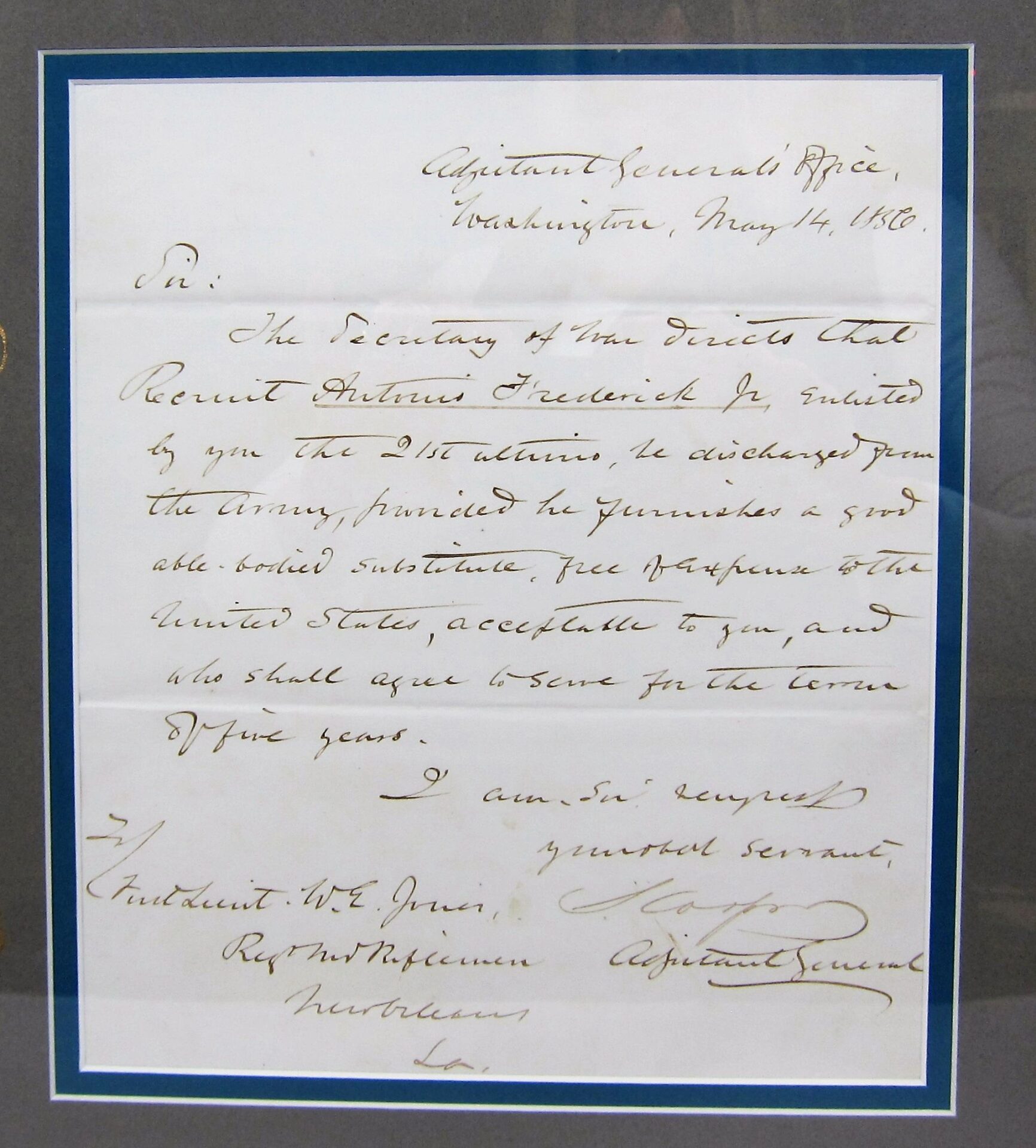 A CDV and handwritten letter, signed by General Samuel Cooper, Adjutant and Inspector General of the Confederate Army, dated May 14, 1866, regarding the discharge and re-enlistment of Private Frederick Jr. / SOLD.