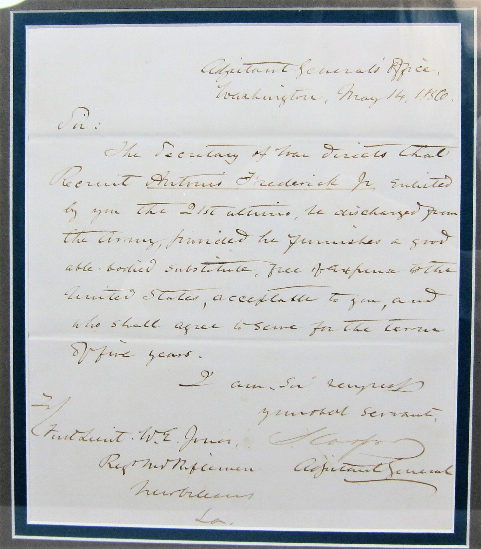 CDV and hand-written letter signed by General Samuel Cooper, Adjutant and Inspector General of the Confederate Army, inviting Private Patrick Frederick's discharge for substitute service, framed with blue border. SOLD.