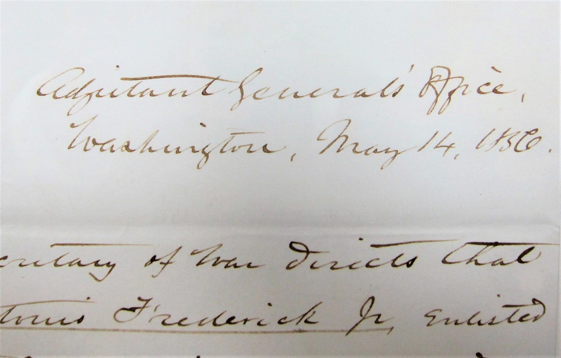 Handwritten text on lined paper reads: "Adjutant General's Office, Washington, May 14, 1856," part of a letter signed by General Samuel Cooper, Adjutant and Inspector General of the Confederate Army (CDV and letter; SOLD).