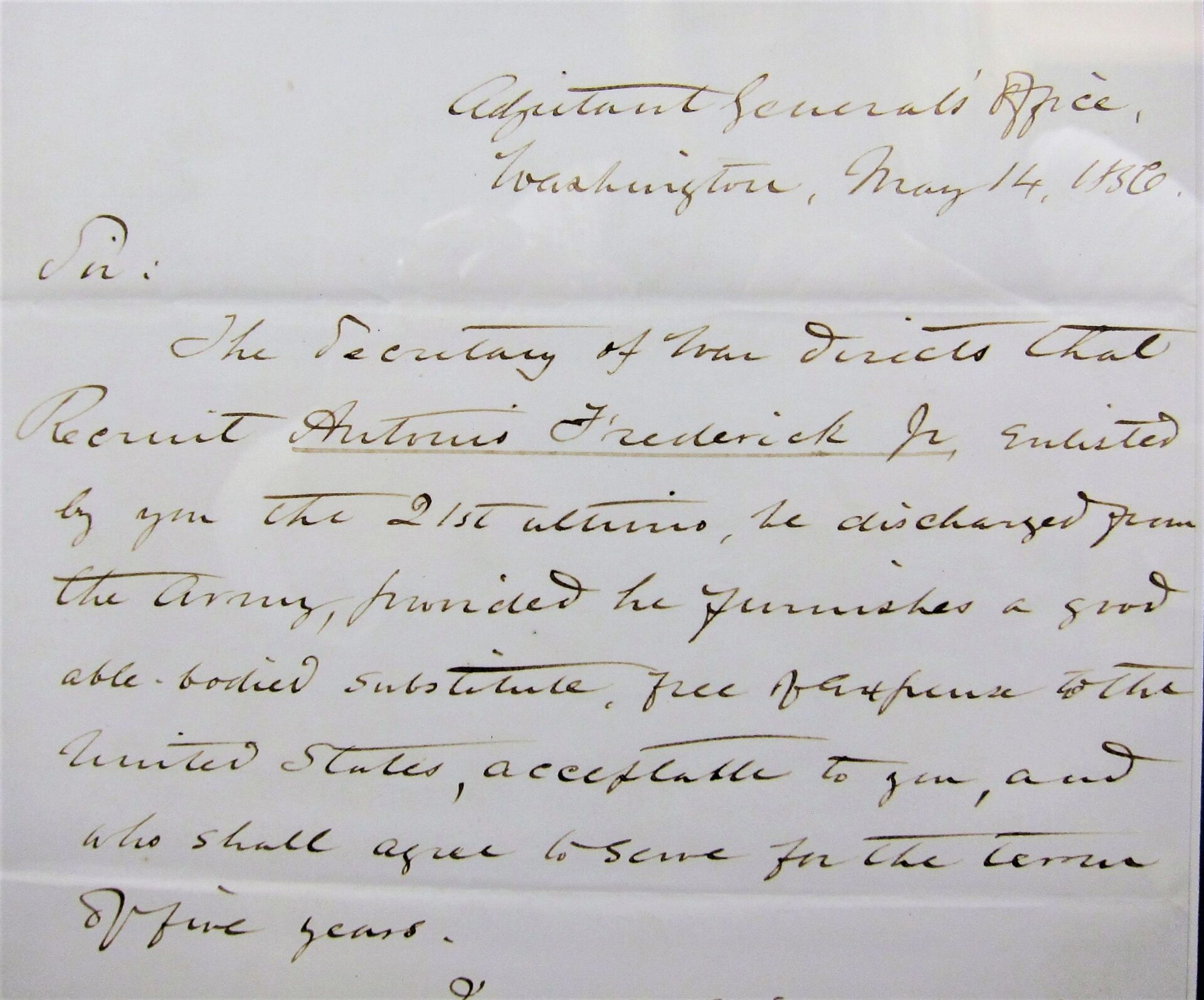 CDV and handwritten letter, signed by General Samuel Cooper, Adjutant and Inspector General of the Confederate Army, discusses the 1850 discharge of a recruit if a suitable substitute is provided.