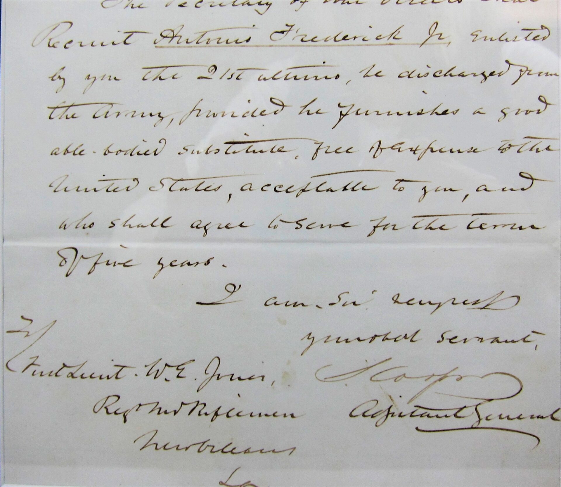 A CDV and handwritten letter signed by General Samuel Cooper, Adjutant and Inspector General of the Confederate Army, discussing a recruit’s discharge if replaced by a suitable five-year substitute.