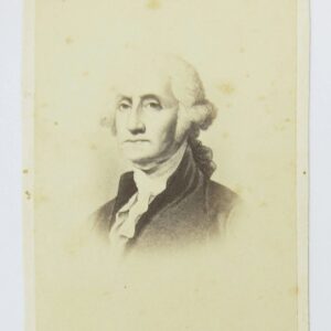 Faded black-and-white portrait of a man in historical attire with powdered hair; caption below reads "George Washington".