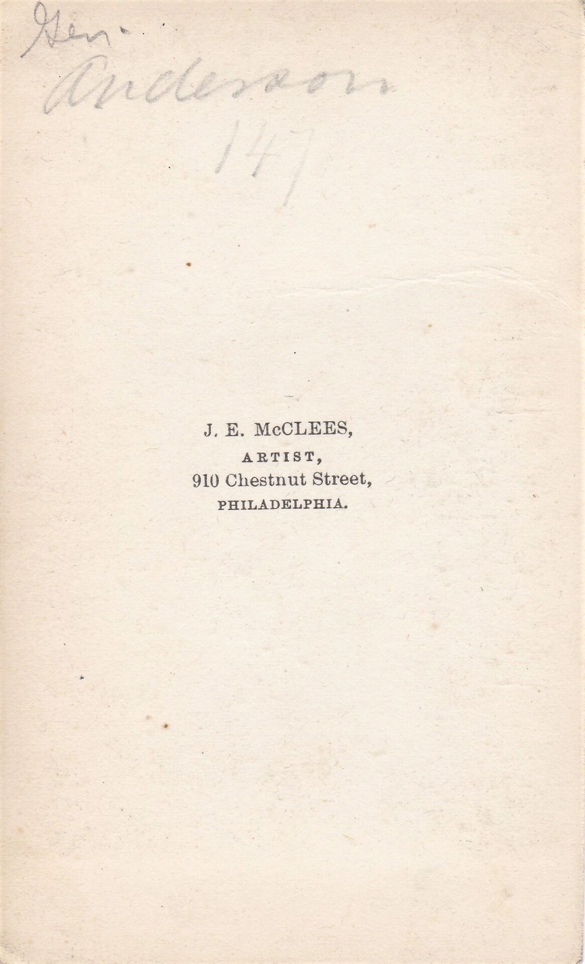 A white card featuring handwritten text at the top and printed below: "General Robert Anderson, J. E. McClees, Artist, 910 Chestnut Street, Philadelphia.