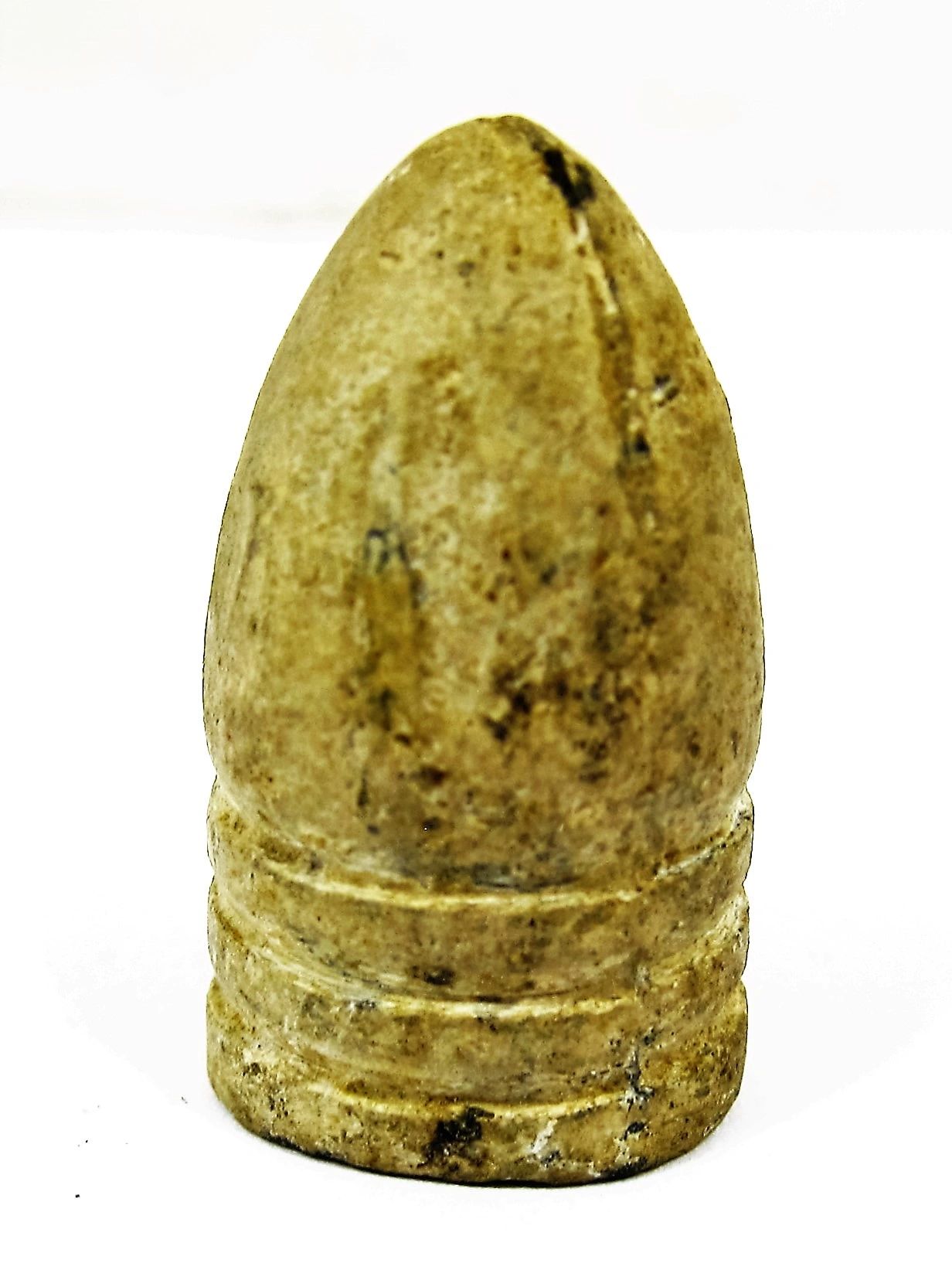 A close-up of the Gettysburg Recovered .58 Rifled Musket Bullet, featuring three grooves near the base and a weathered, conical shape, displayed against a plain white background.