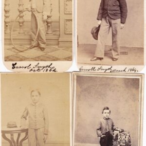 The "Civil War Cadet Soldier Boys CDV Grouping" features four sepia portraits of a young boy from the 1800s, each in different poses and outfits, labeled with his name and years.