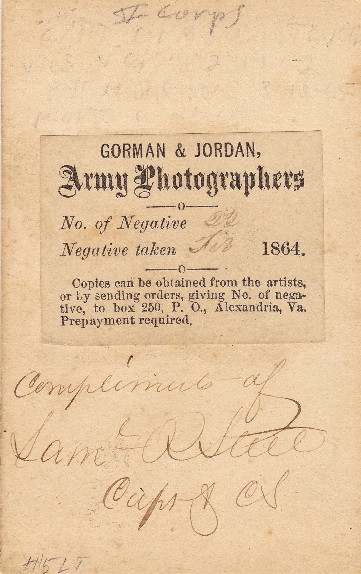 An 1864 card of Captain of Commissary Samuel R. Steel by Gorman & Jordan, Army Photographers, featuring handwritten notes and instructions for ordering photo copies in Alexandria, Virginia.