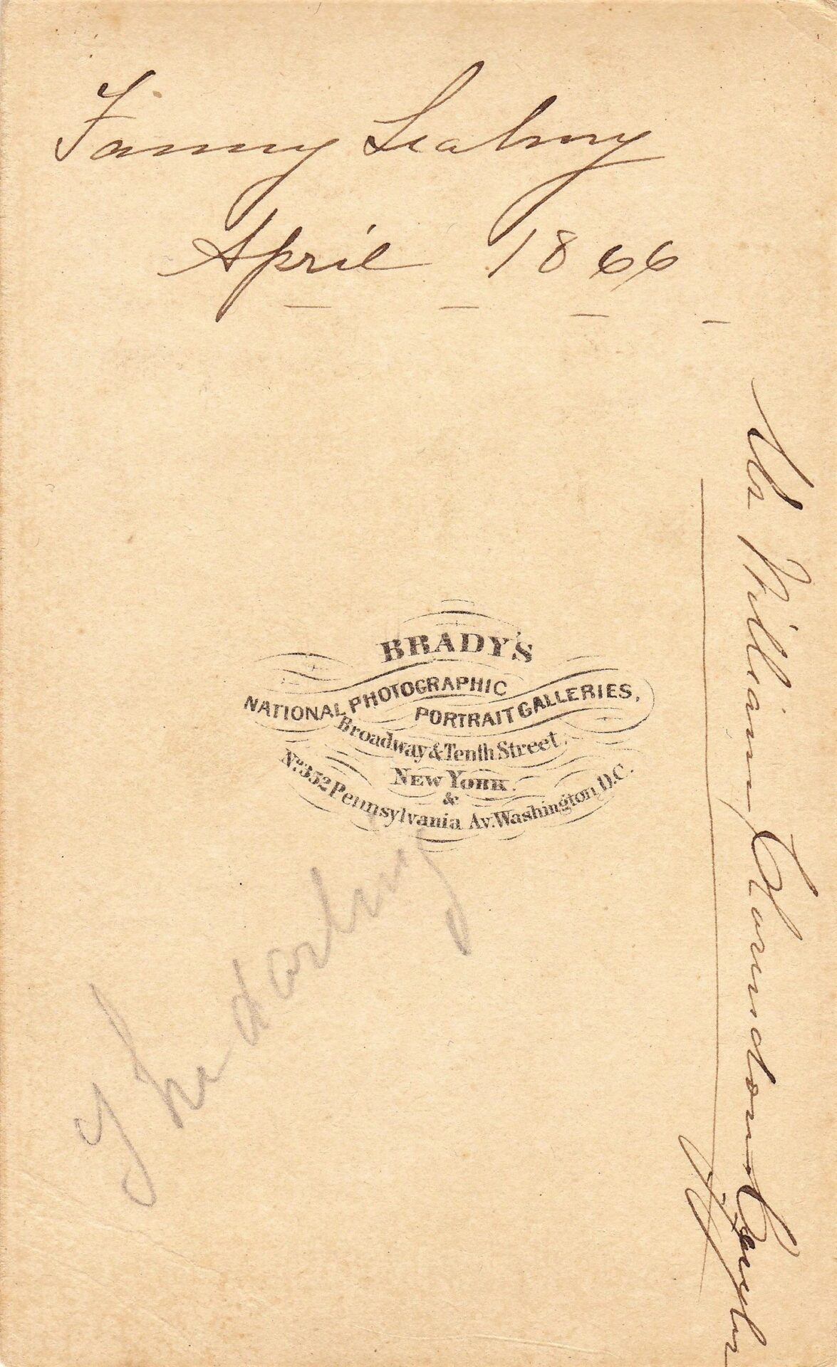 Aged paper handwritten with names and "April 1866," stamped "Brady's National Photographic Portrait Galleries." Product: William Clarendon Cuyler, US Army 3rd Light Artillery by Brady.