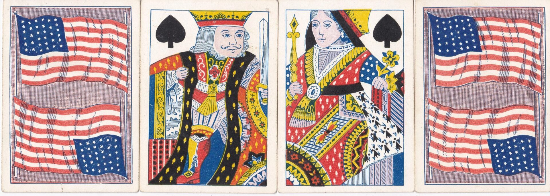 Four Civil War Playing Cards identified to Private Francis A. Tuck, 17th Massachusetts Infantry: two feature the American flag; two depict the King and Queen of Spades in traditional illustrated style. / SOLD.