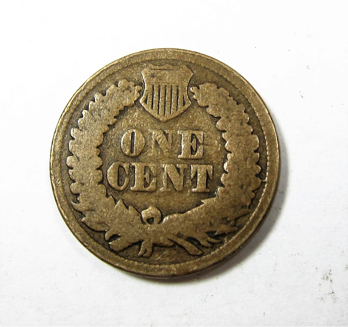 The Indian Head One Cent is a vintage coin displaying a shield at the top and a laurel wreath surrounding "ONE CENT" on a white background.