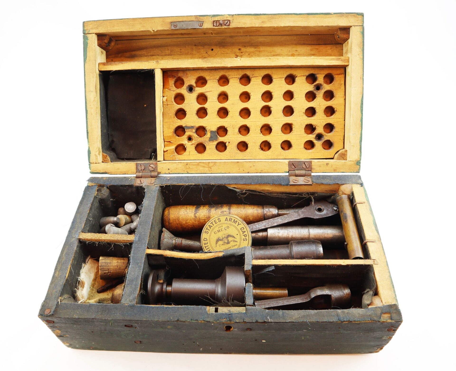 An open "Target Rifle" Box Sharpshooters Display features compartments for metal and wooden tools plus a tray with circular slots, ideal for organizing ammunition components or small parts.