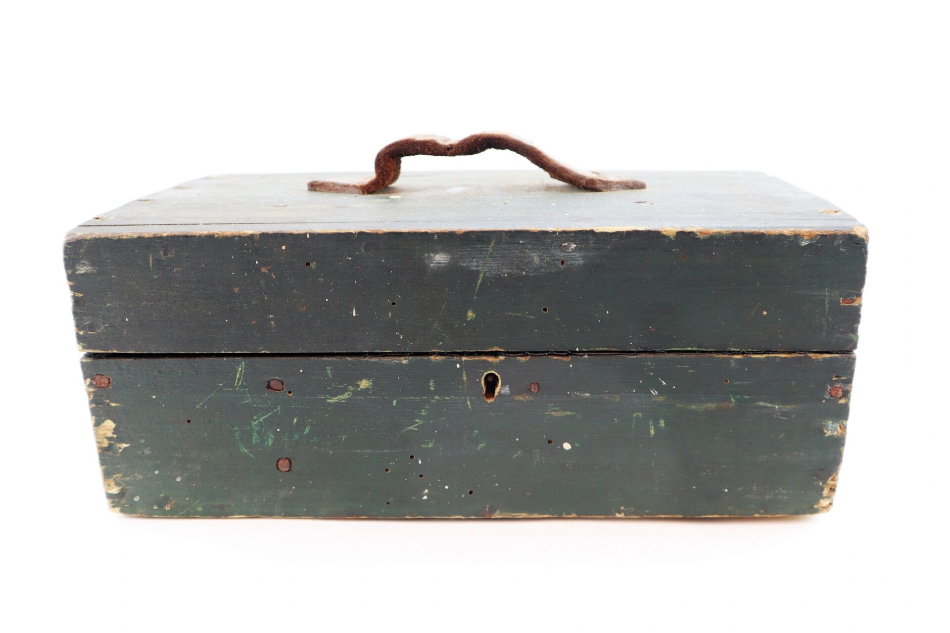 A vintage "Target Rifle" Box Sharpshooters Display with a dark green wooden finish, rusty metal handle, and front keyhole, shown against a white background.