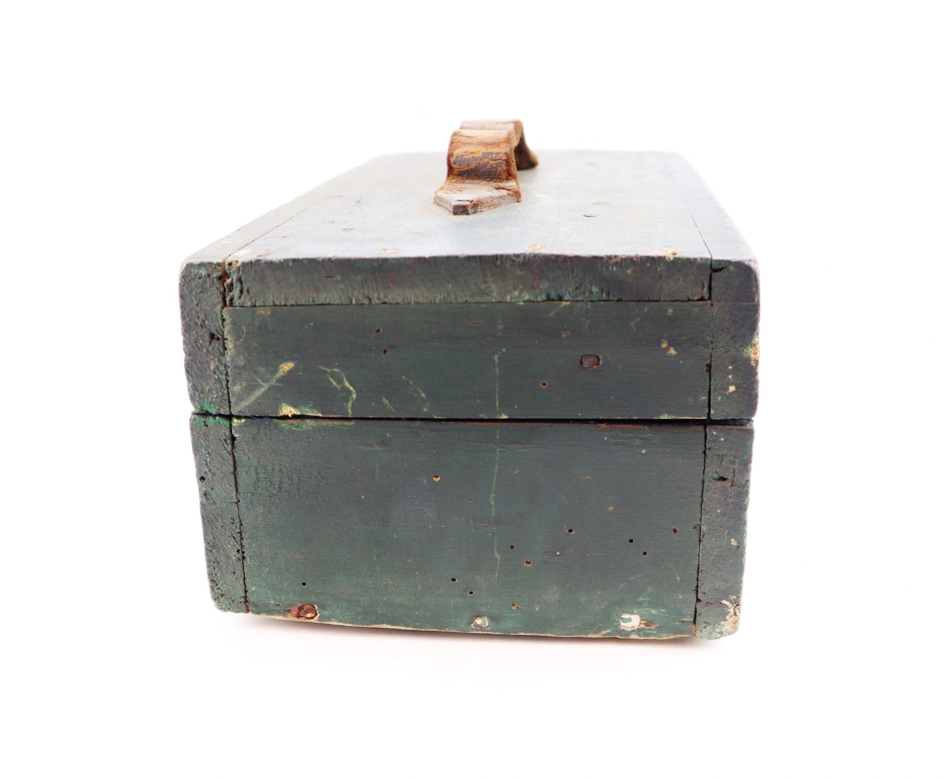 A worn, rectangular green wooden "Target Rifle" Box Sharpshooters Display with a rusty metal handle on top, shown against a white background.