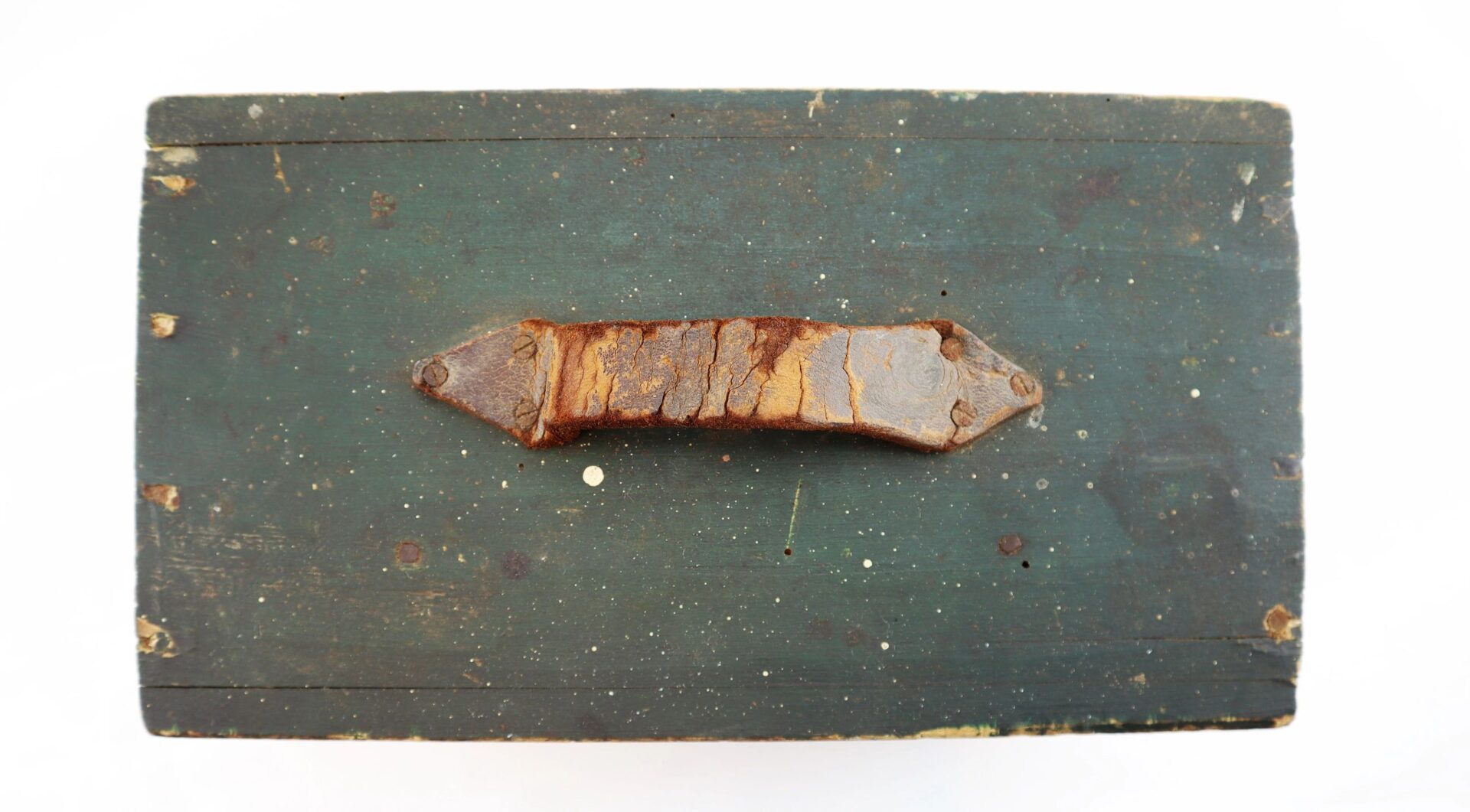 A weathered, dark green "Target Rifle" Box Sharpshooters Display with a worn brown leather handle, seen from above against a white background. SOLD.