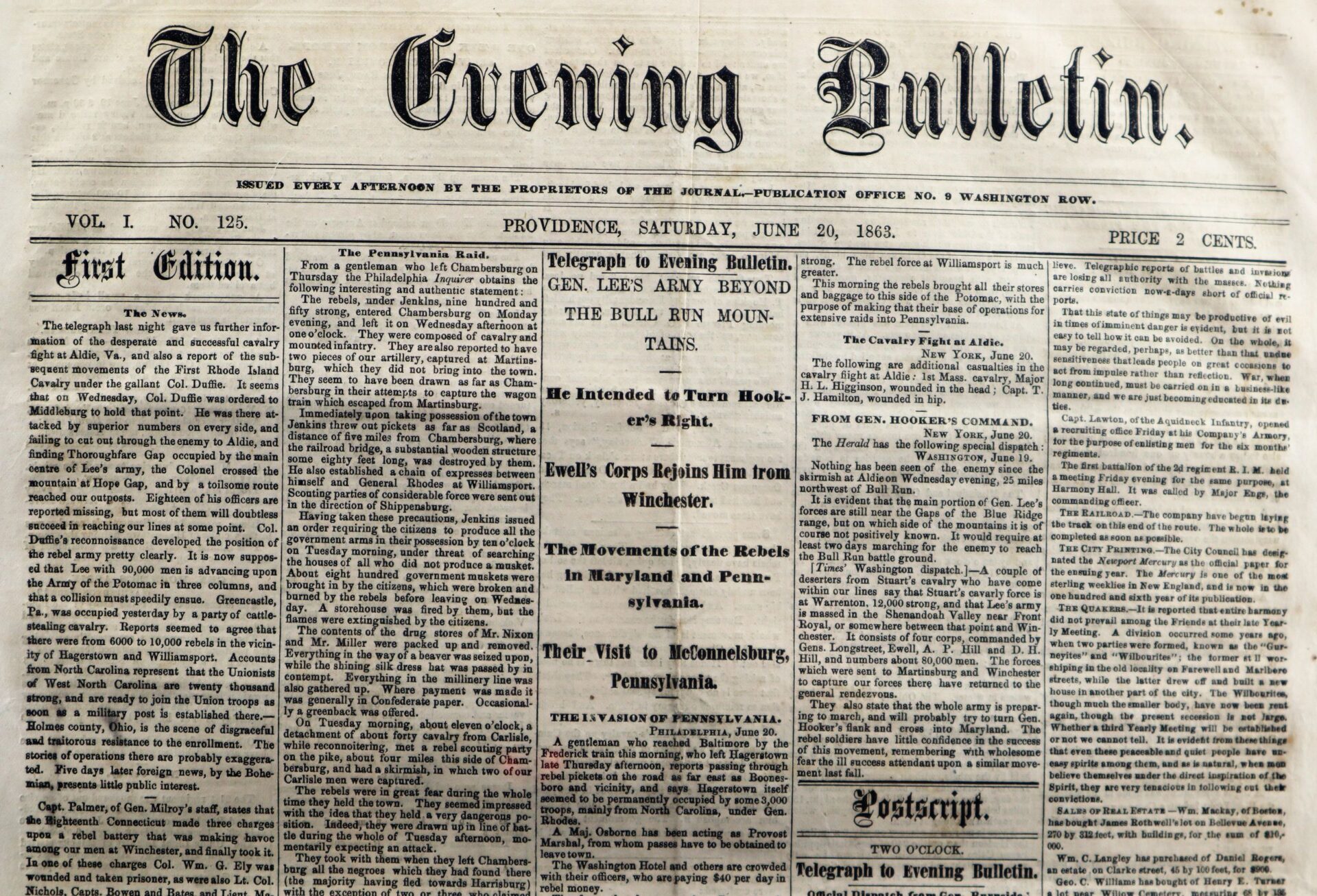 Front page of the Gettysburg Campaign Newspaper, sold edition, dated June 20, 1863, with Civil War headlines covering Gen. Lee’s army and reports from multiple battlefronts.