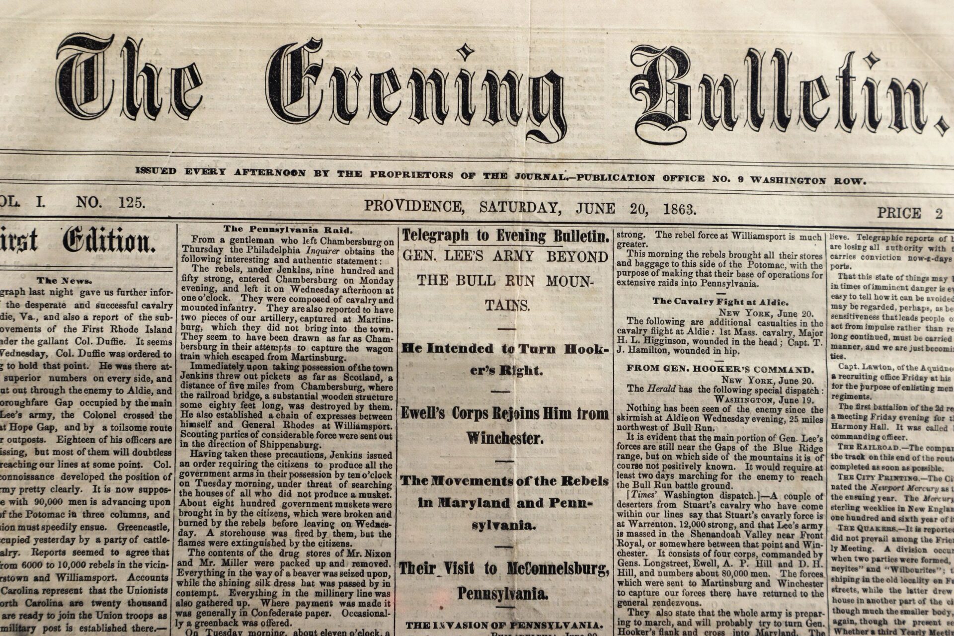 Front page of Gettysburg Campaign Newspaper, dated June 20, 1863, featuring major Civil War headlines and military movement reports.