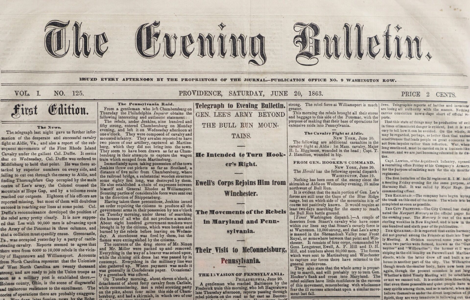Front page of Gettysburg Campaign Newspaper, sold, dated June 28, 1863, features articles on Civil War events and military movements.