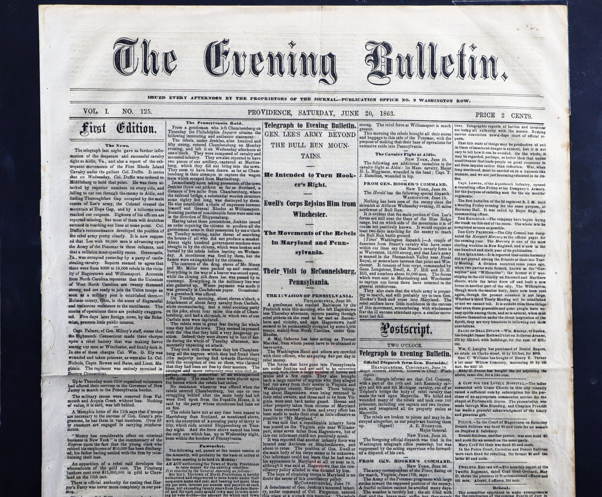 Front page of "Gettysburg Campaign Newspaper / Sold," dated June 28, 1863, with black text articles, headlines, and columns on a white background.