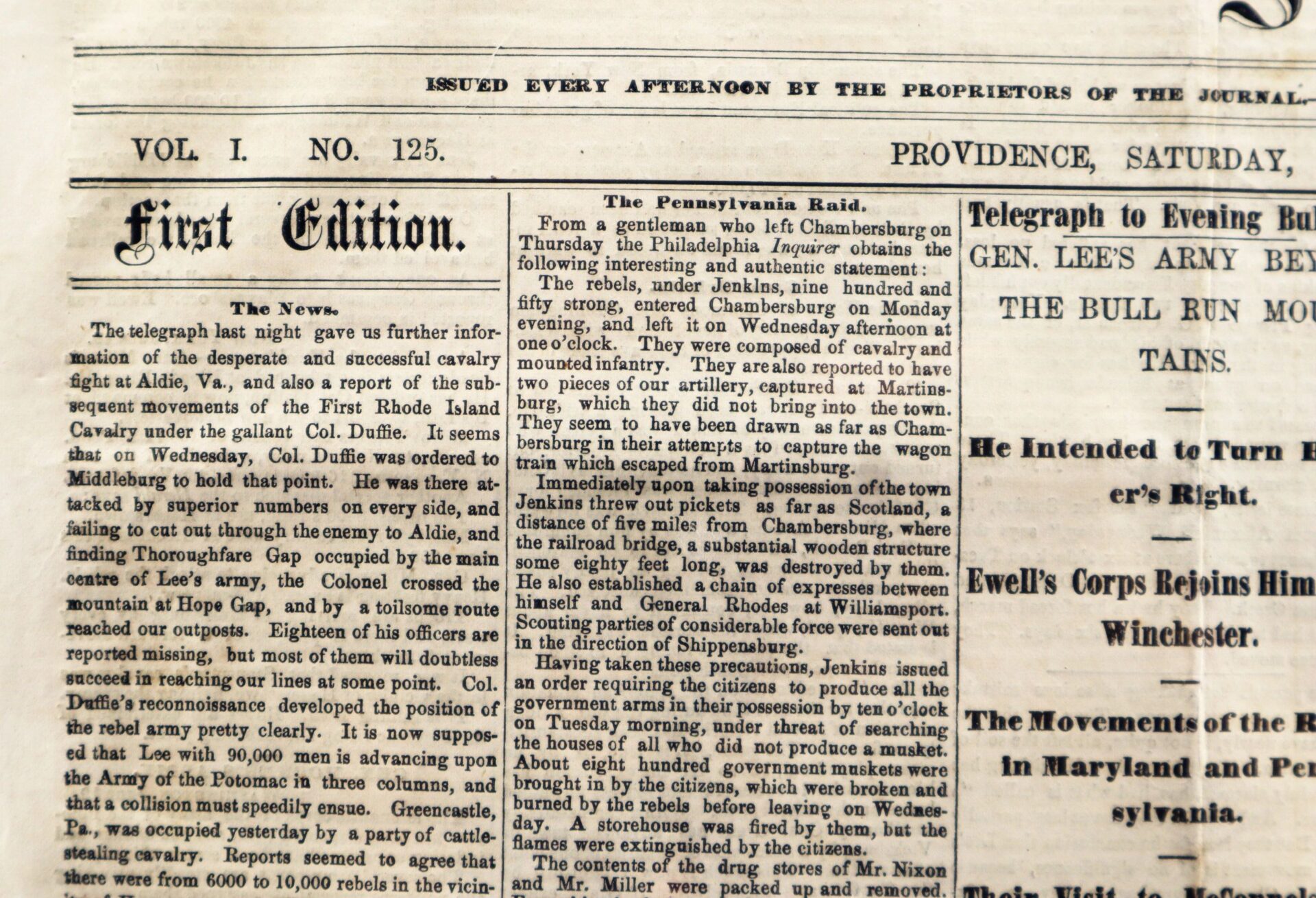 A close-up of the Gettysburg Campaign Newspaper, featuring detailed columns of Civil War news and military updates.