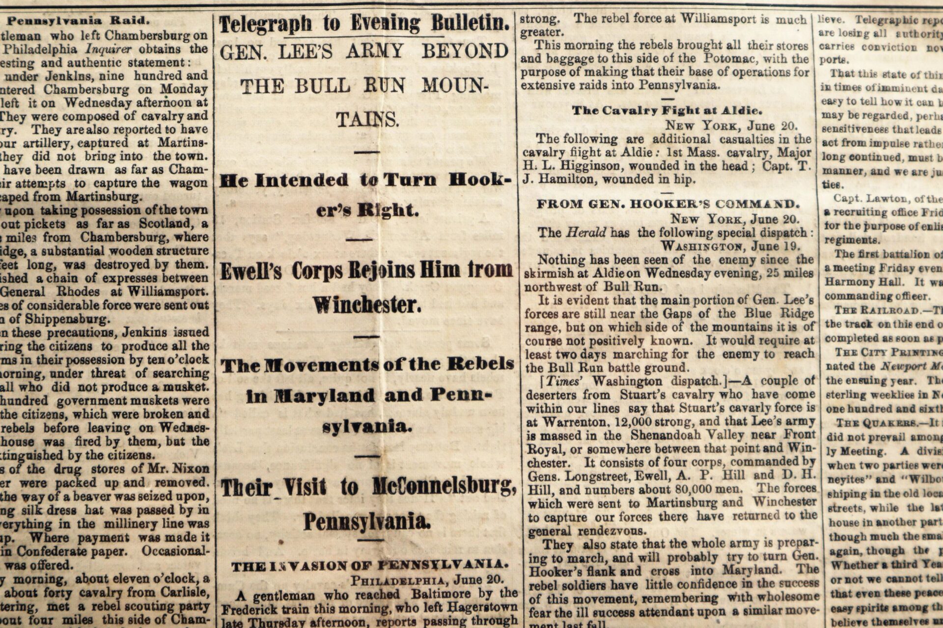 Gettysburg Campaign Newspaper reporting on General Lee's army movements, including troop locations, actions, and strategy updates during the Civil War.