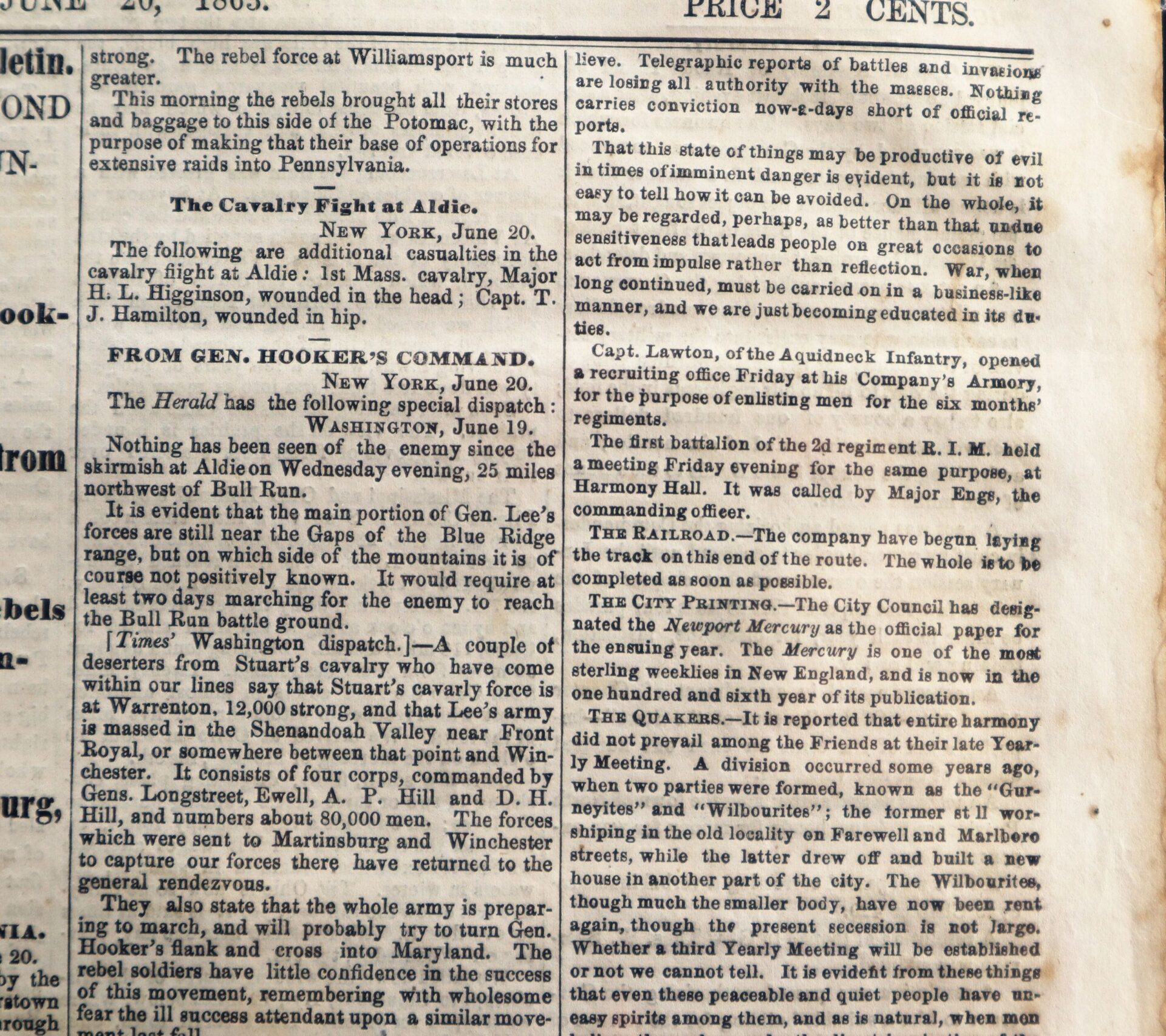 Close-up of a Gettysburg Campaign Newspaper/Sold, showing Civil War articles with battle updates, casualty reports, and official announcements. The text appears in columns with some bold headings.