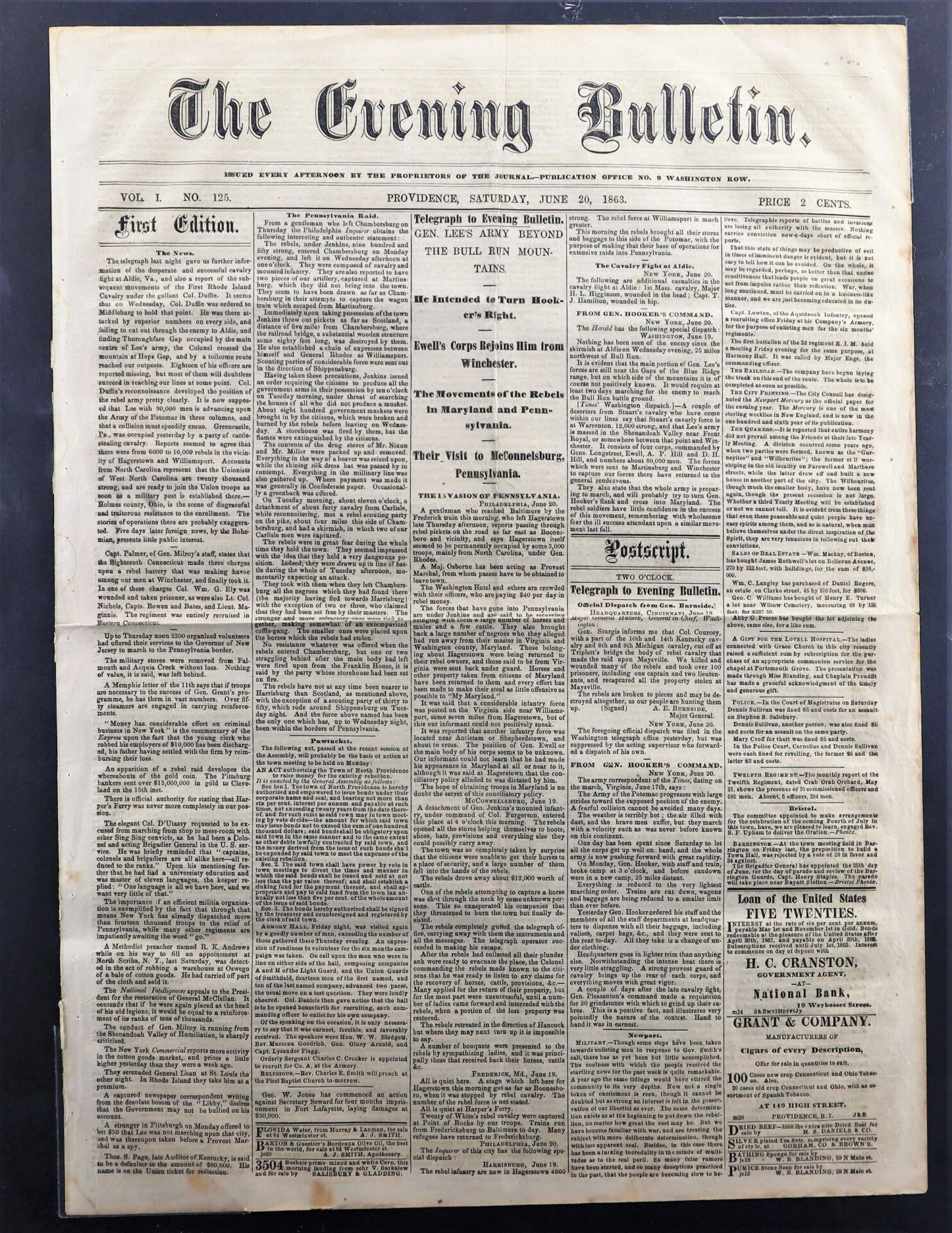 Front page of the Gettysburg Campaign Newspaper, sold edition, featuring multiple columns of densely printed news articles and advertisements dated Saturday, June 23, 1866.