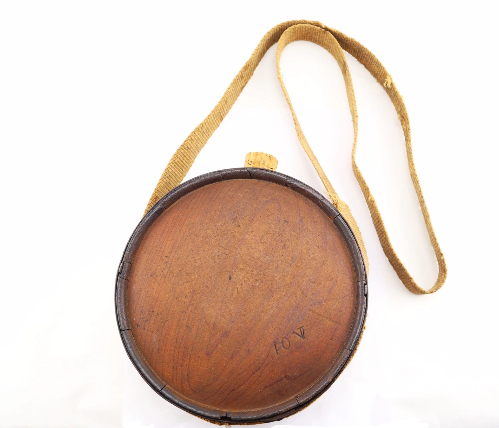 Confederate Wood Drum Canteen with cork stopper, canvas shoulder strap, and front marking "M 01.